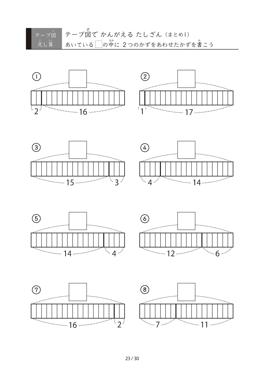 「やさしい問題から難しくなる」テープ図たしざんの総復習プリント