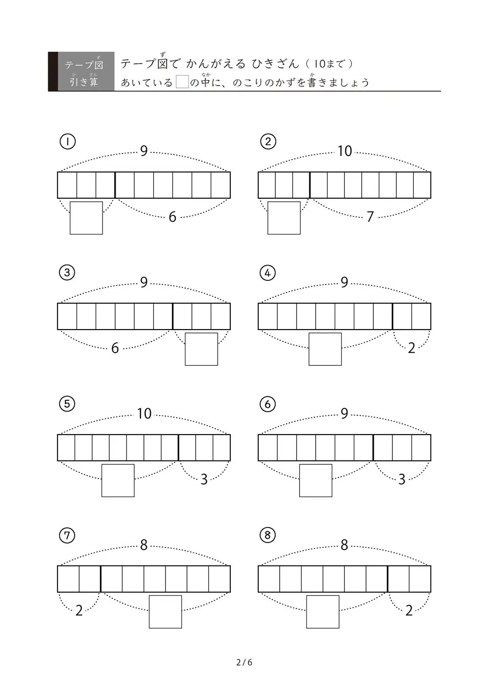 「でてくるのは10までの数」テープ図で考える引き算プリント