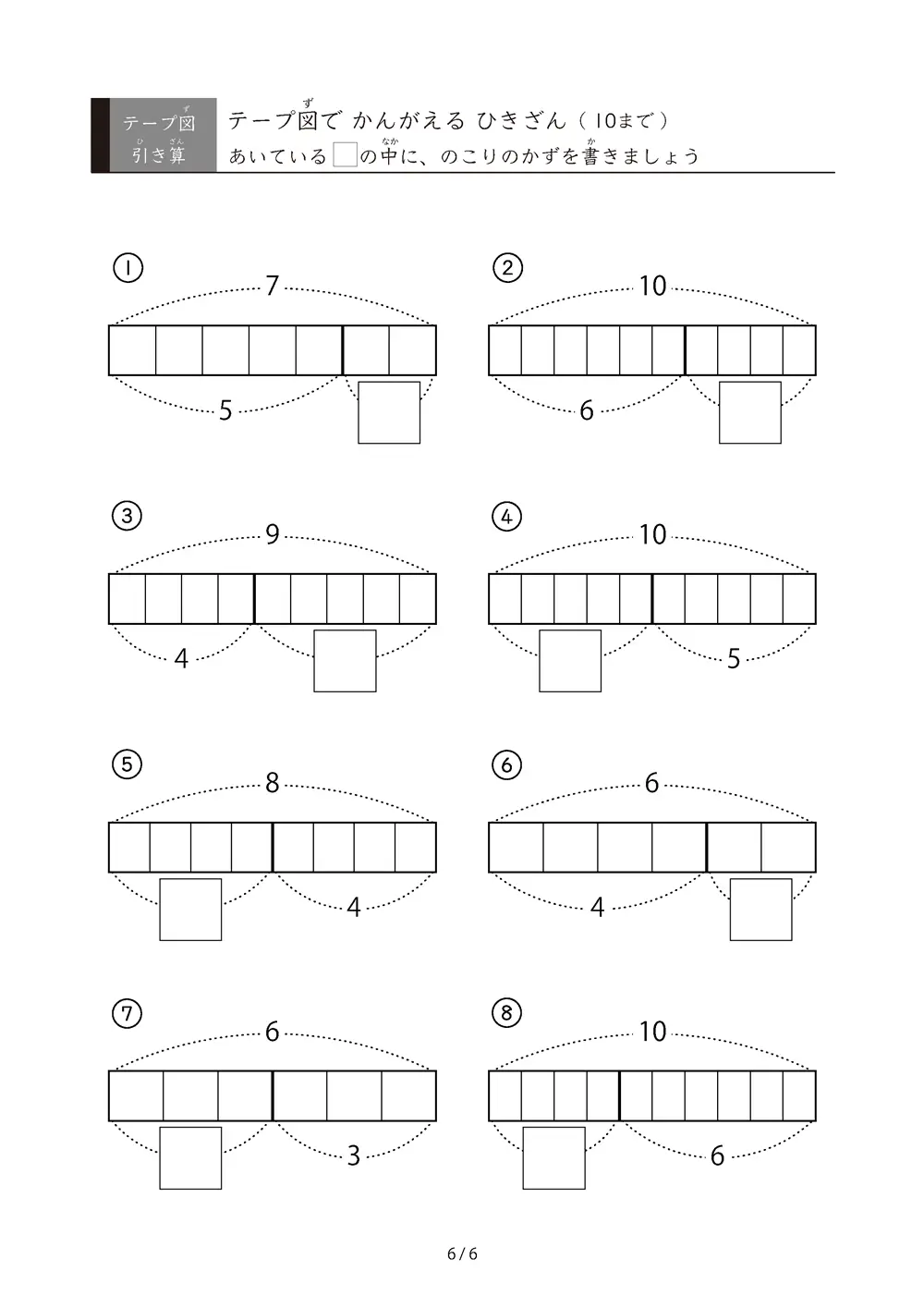 「でてくるのは10までの数」テープ図で考える引き算プリント