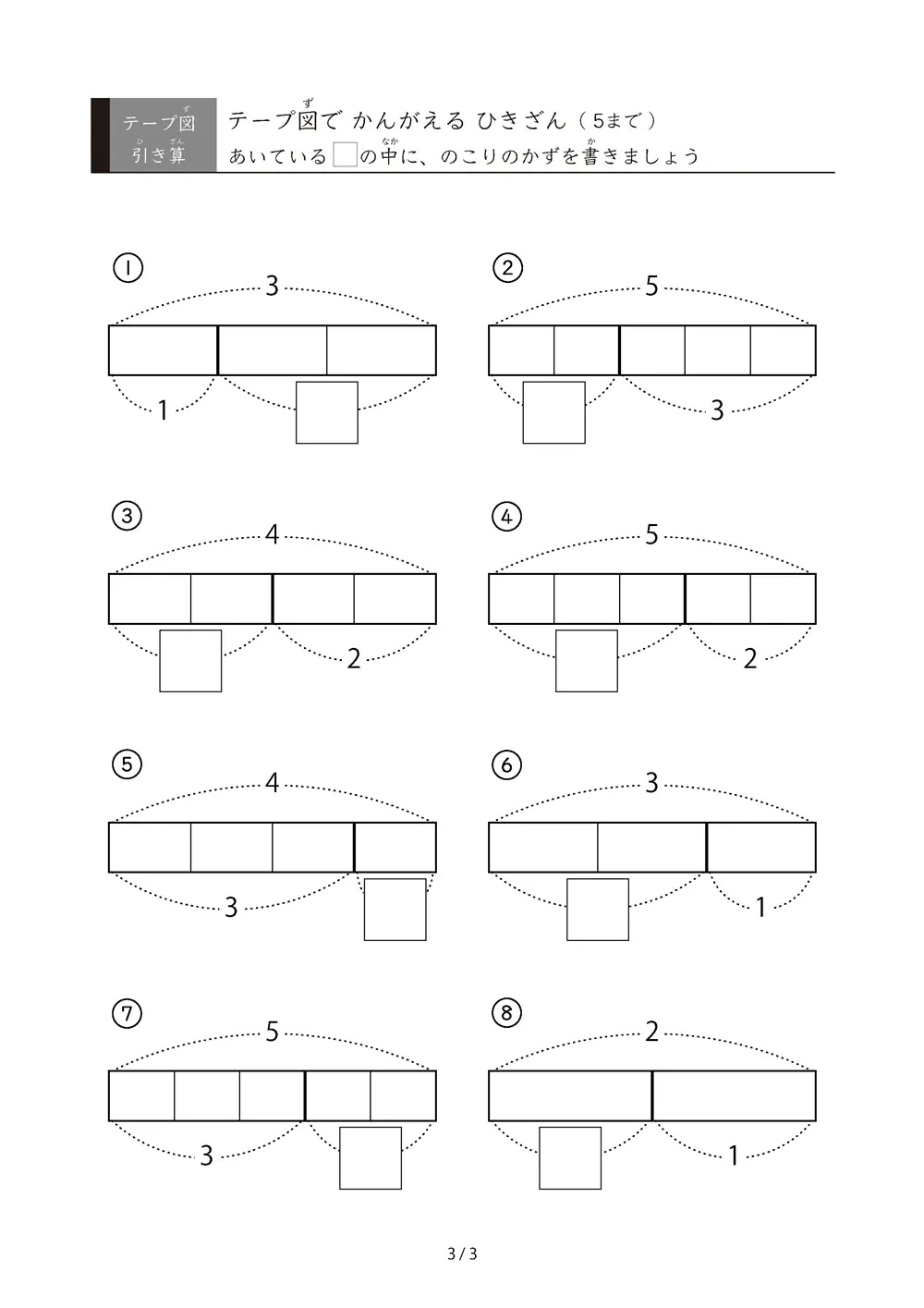 「でてくるのは5までの数」テープ図で考える引き算プリント