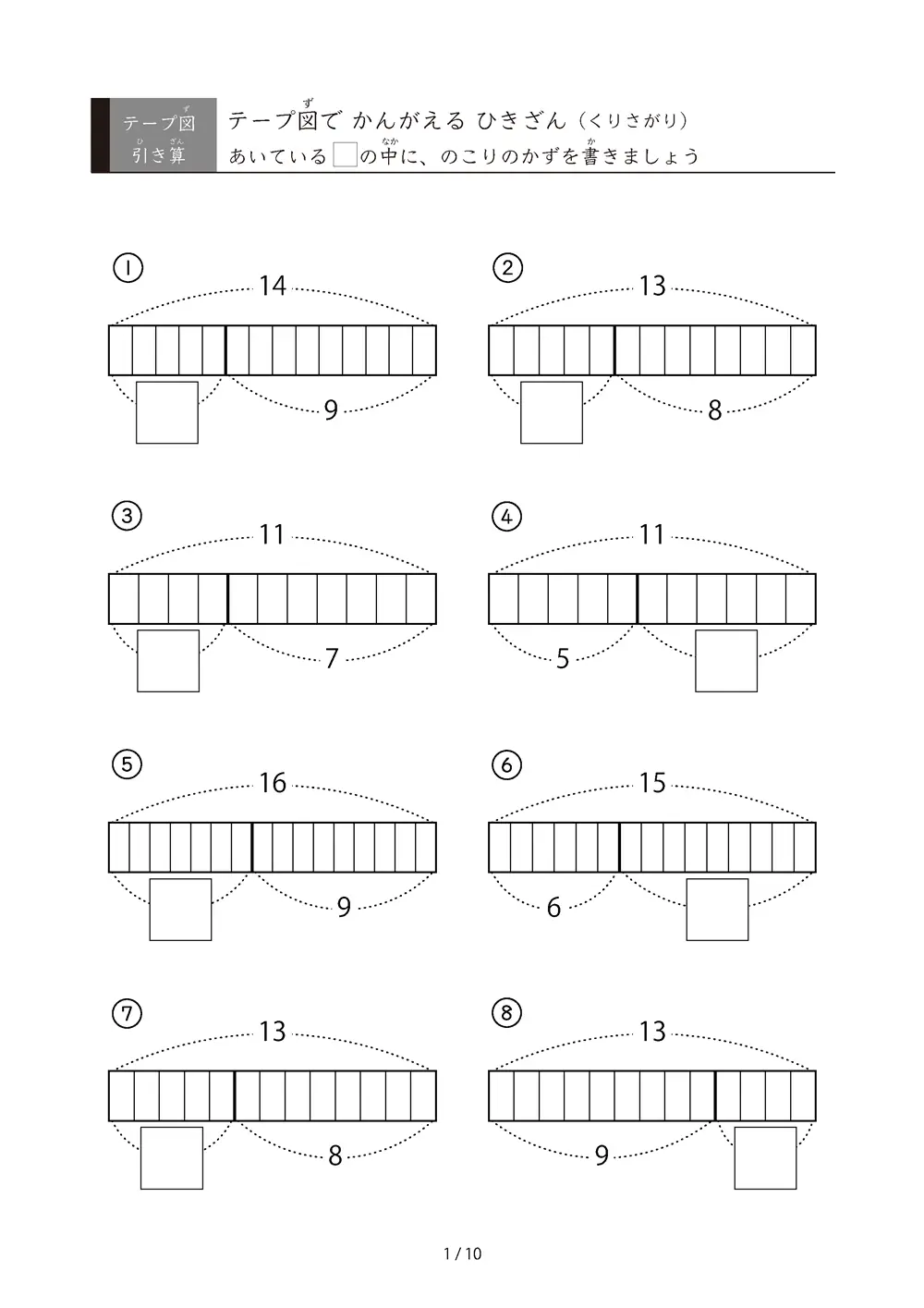 全て繰り下がりがある引き算（テープ図）