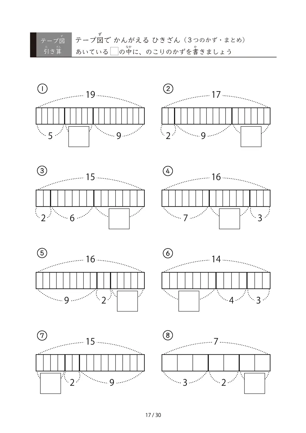 「繰り下がりあり/なし混合」テープ図 3つの数の引き算プリント