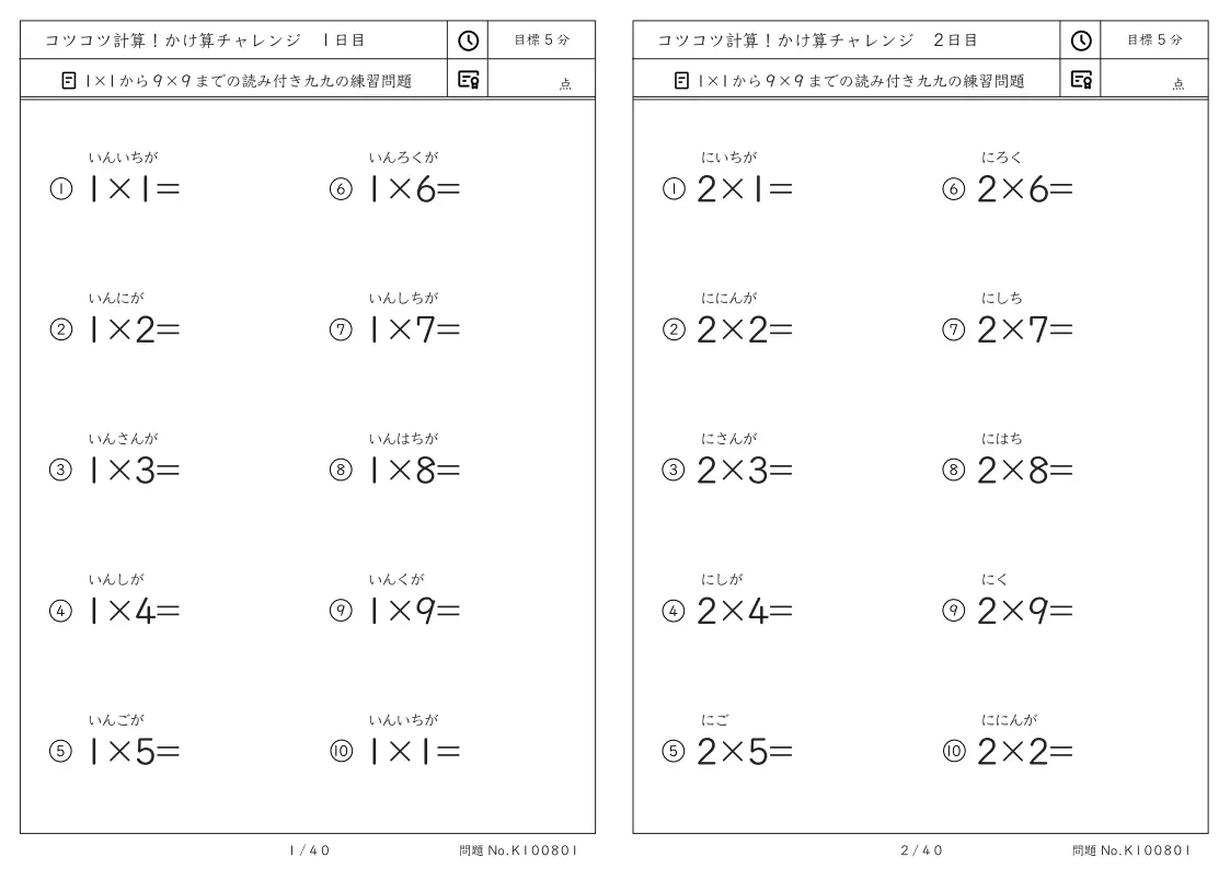 小2向けコツコツ計算 かけ算チャレンジ 読み付きかけ算の練習プリント