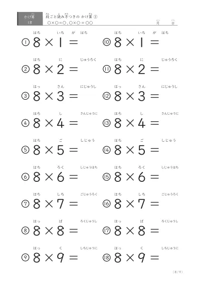 「問題、答えとも」読み方付きのかけ算（18問版）
