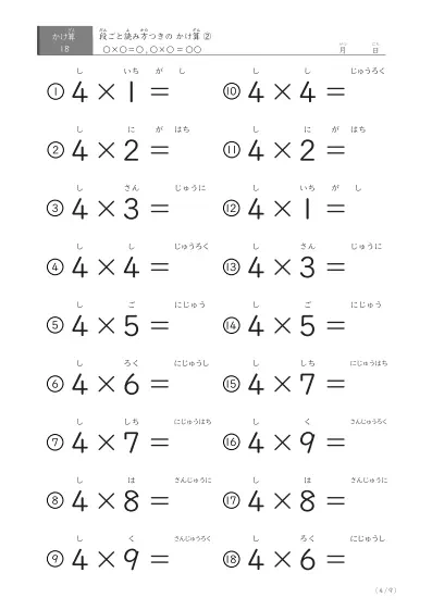 「2パターンある」読み方付きのかけ算（18問版）