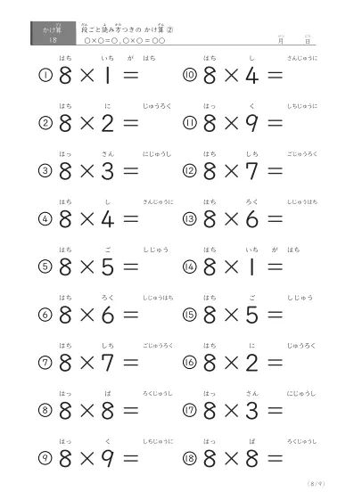 「2パターンある」読み方付きのかけ算（18問版）