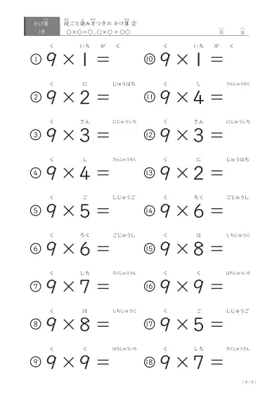 「2パターンある」読み方付きのかけ算（18問版）