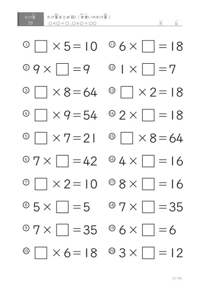 「反復学習、実力確認用」かけ算Aまとめプリント①