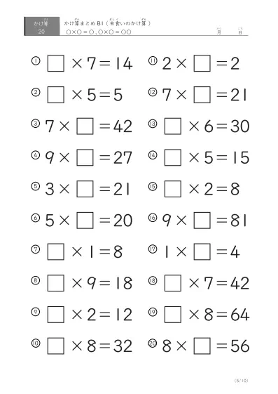 「反復学習、実力確認用」かけ算Aまとめプリント①