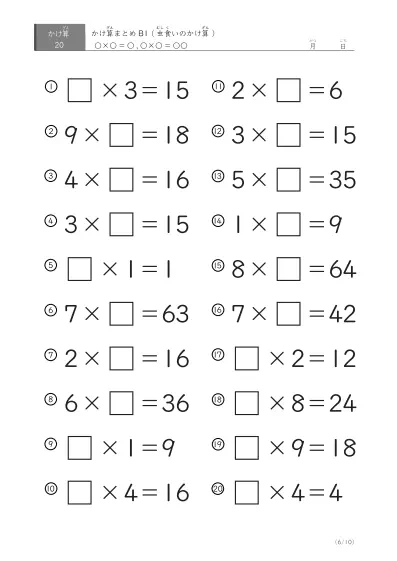 「反復学習、実力確認用」かけ算Aまとめプリント①