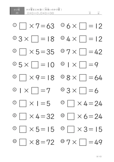 「反復学習、実力確認用」かけ算Aまとめプリント①