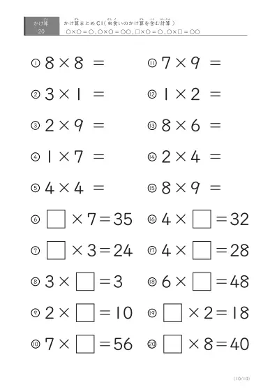 「反復学習、実力確認用」かけ算Cまとめプリント①