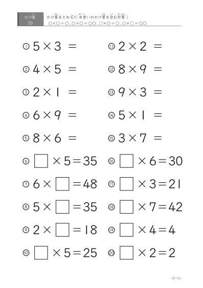 「反復学習、実力確認用」かけ算Cまとめプリント①