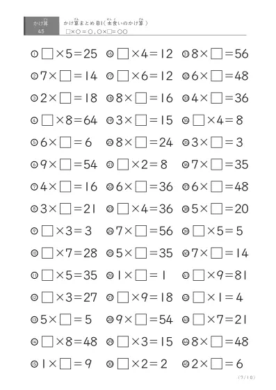 「反復学習、実力確認用」かけ算Bまとめプリント①