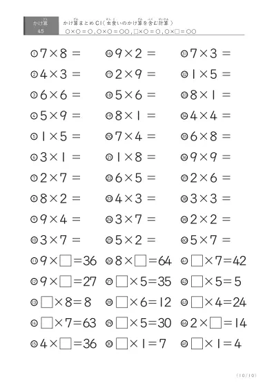 「反復学習、実力確認用」かけ算Cまとめプリント①