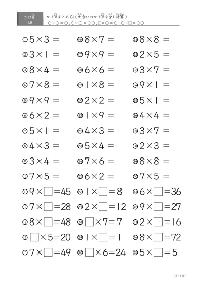 「反復学習、実力確認用」かけ算Cまとめプリント①