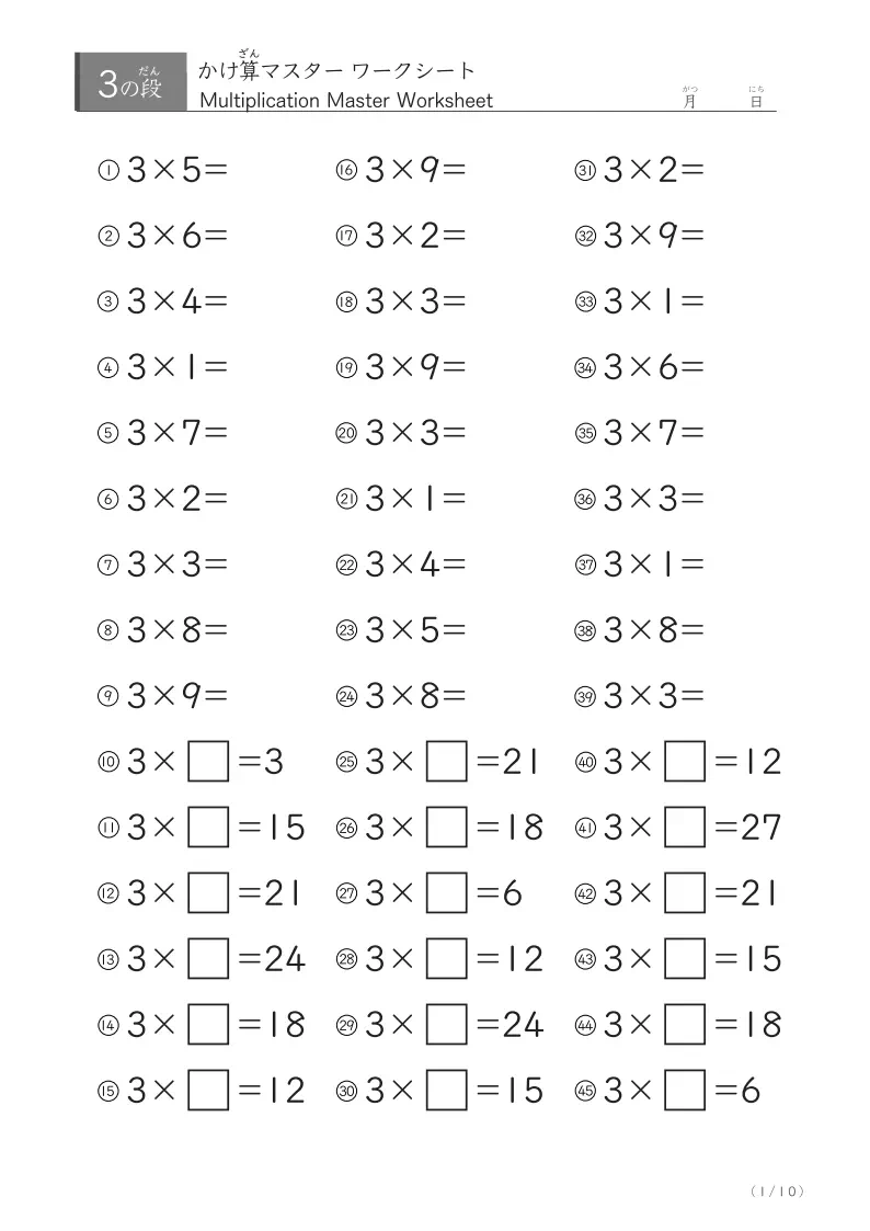 即答力が身につく！九九3の段マスターワークシート（45問×10日分）