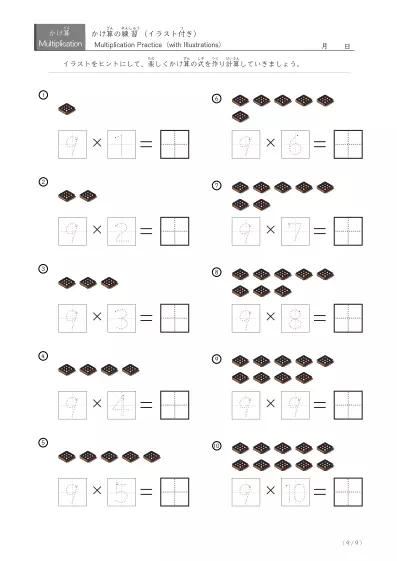 「なぞり書き数字つき」段ごとのイラスト付き九九ワークシート