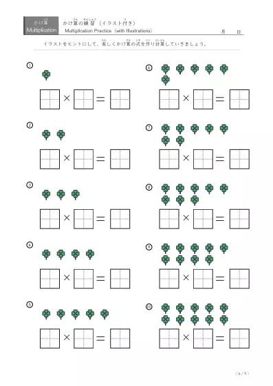 「九九の習得に役立つ」段ごとのイラスト付き九九ワークシート