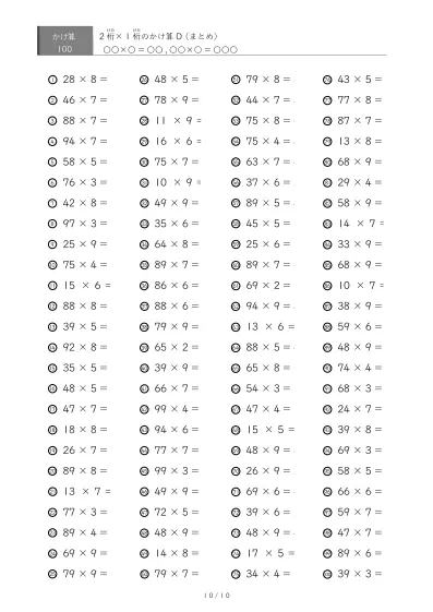 「総まとめ」2桁×1桁プリント（100問版）