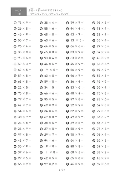 「総まとめ」2桁×1桁プリント（100問版）