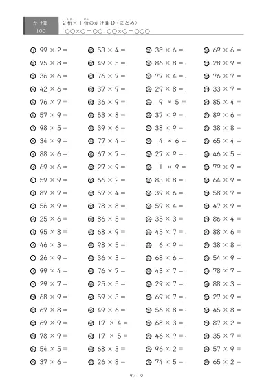 「総まとめ」2桁×1桁プリント（100問版）